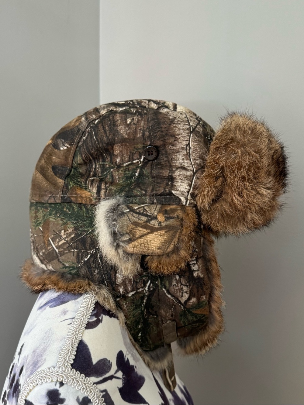 Crown Cap Real Rabbit Camo Fur Winter Aviator Hat